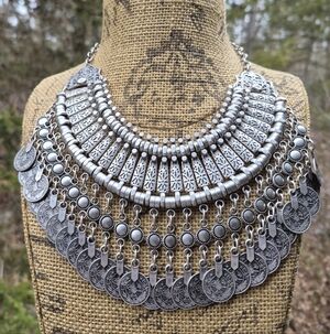 Tribal Turkish Silver Coin Statement Necklace Bohemian Boho Bib Collar